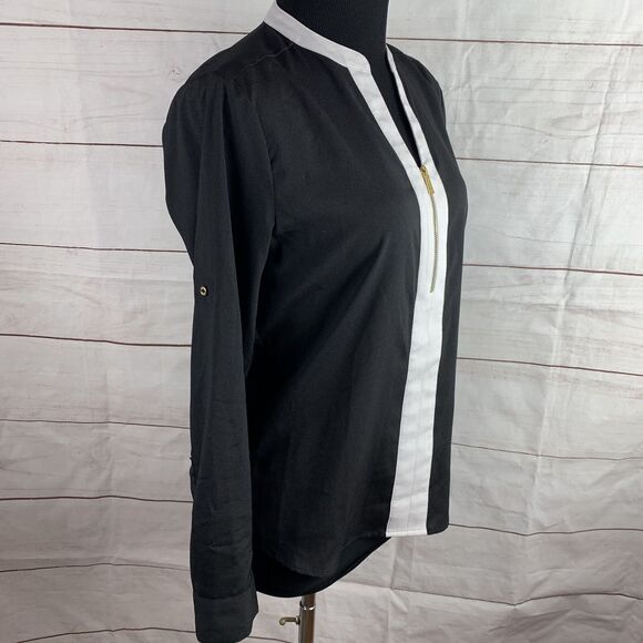 Calvin Klein XS Office Work Career Blouse Roll-up Sleeves Black White Gold Zip - Picture 6 of 16